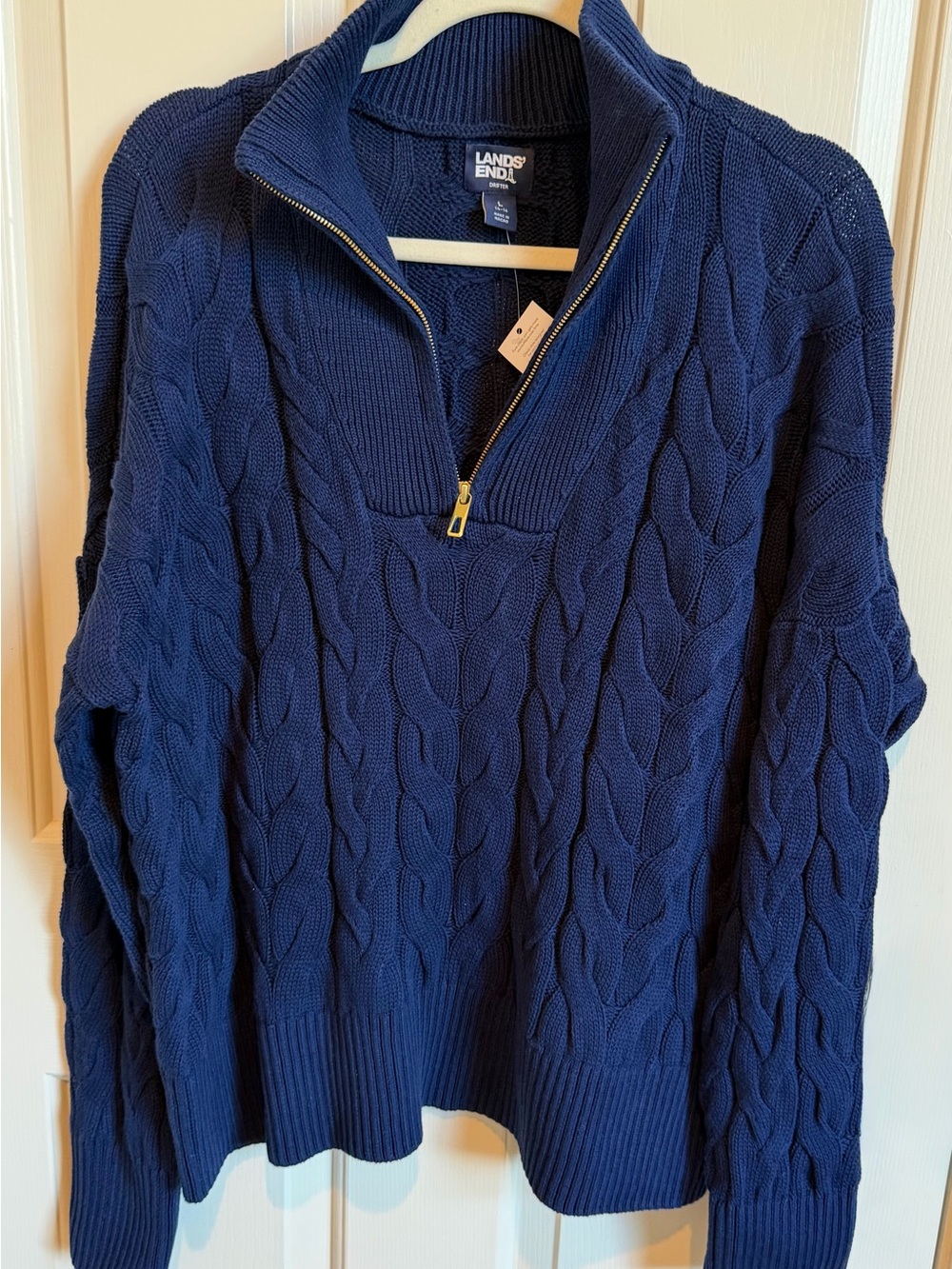 NWT Lands' End Women’s Navy Drifter Cable-Knit Half-Zip Sweater Size L